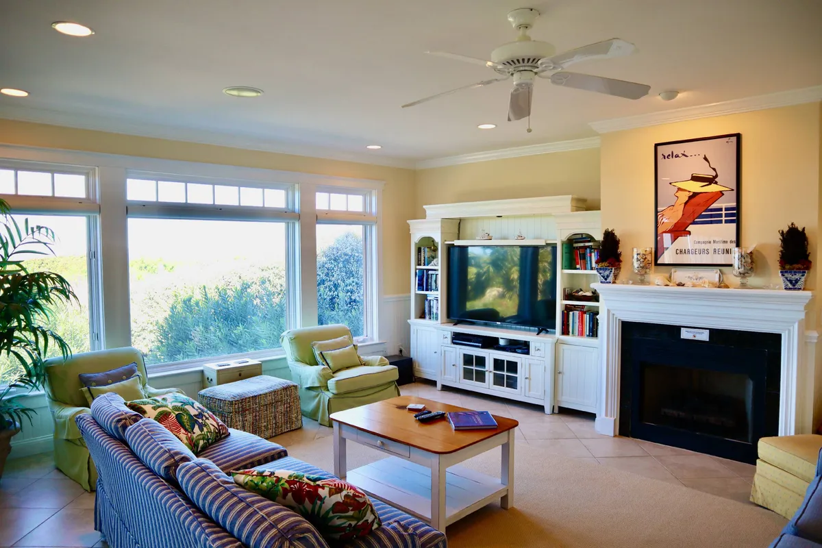 A spacious living area is filled with comfortable seating, a TV unit, a warm fireplace, and a striking decorative art piece. Expansive windows invite natural light, while offering sunrise views and seamless indoor-outdoor connection.